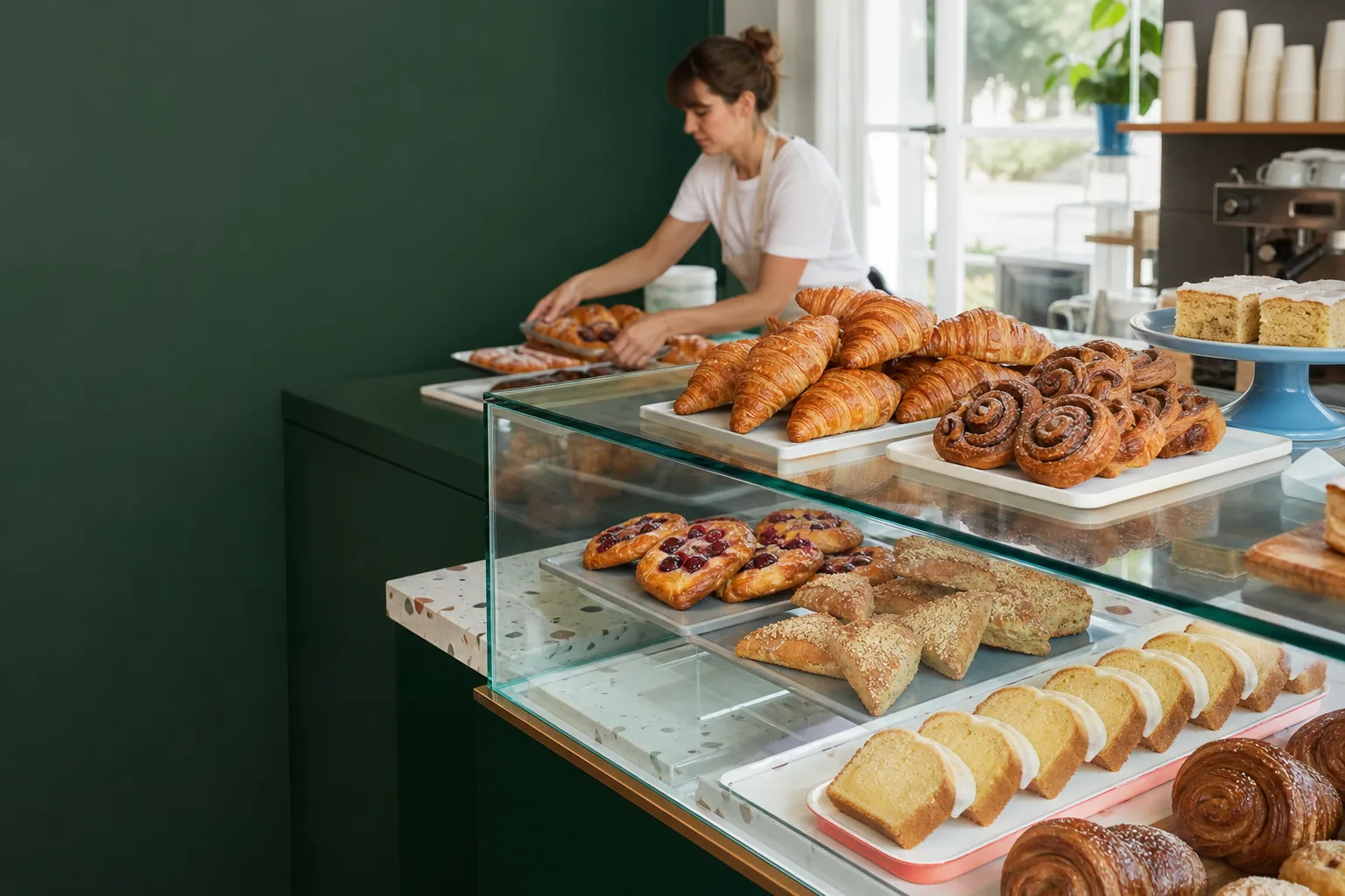 A cafe bakery counter with croissants, buns, pastries and loaf cake