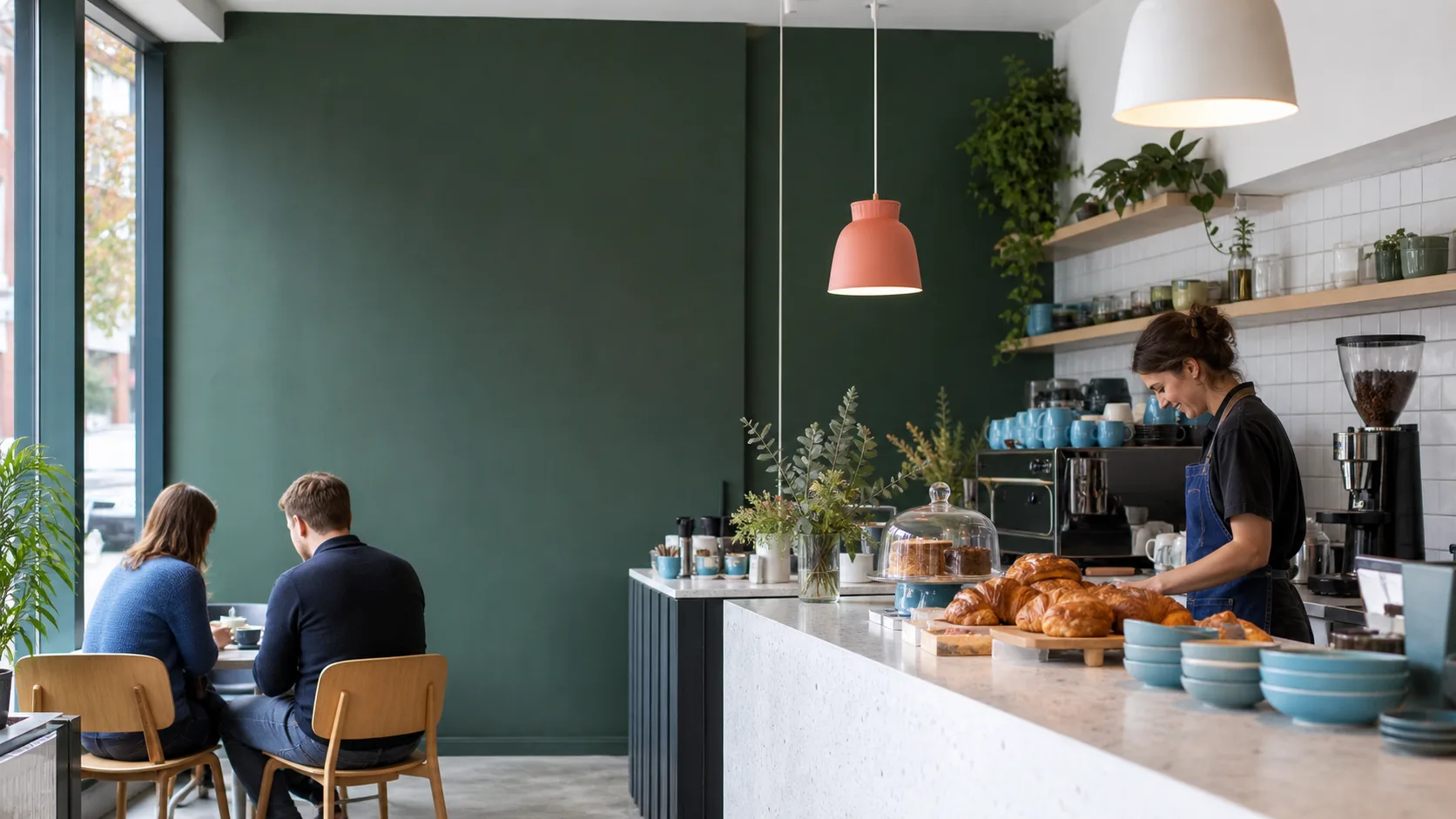 A bright contemporary cafe with customers and a bakery counter