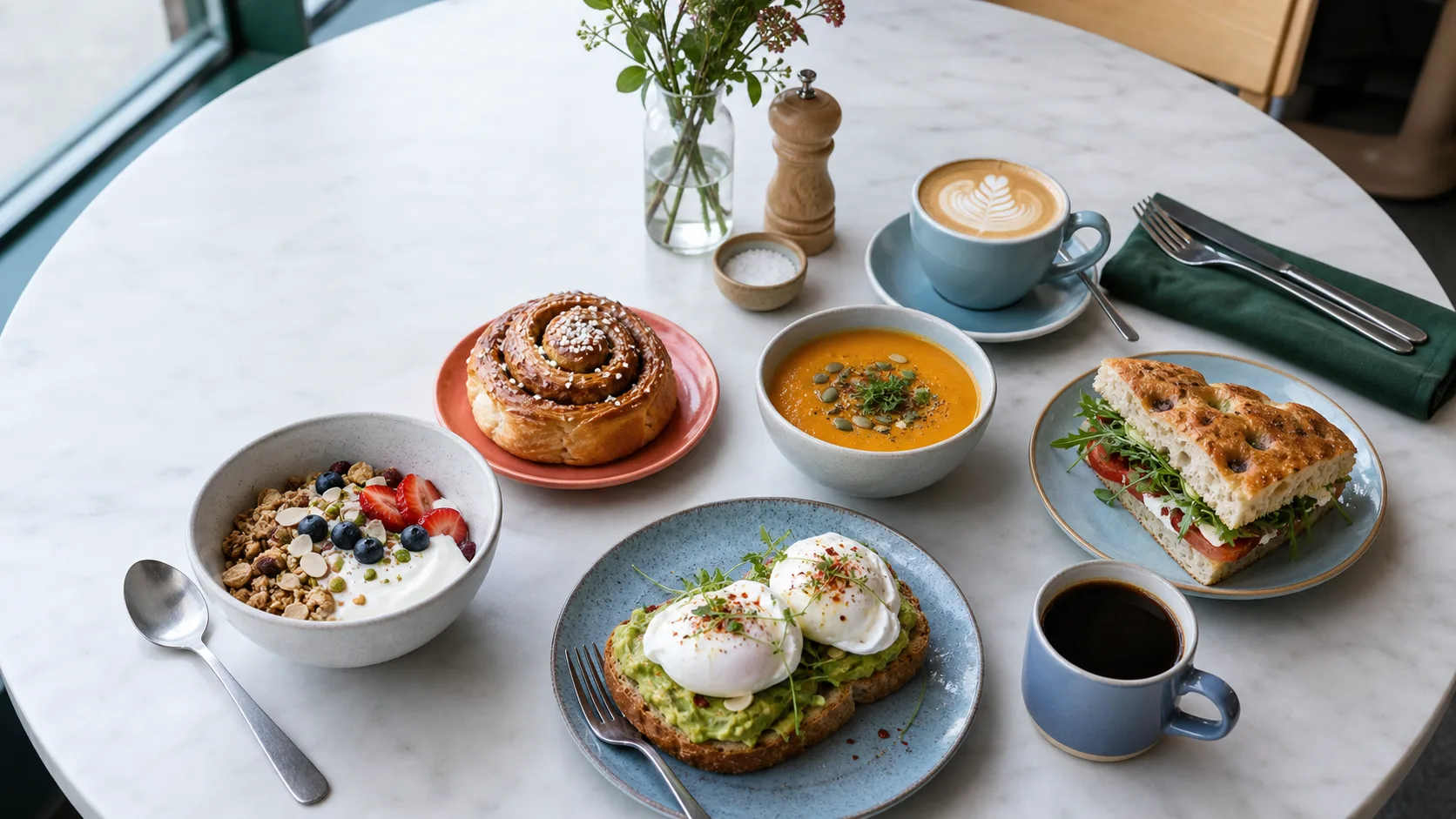 Breakfast, lunch, pastries and coffee arranged on a cafe table